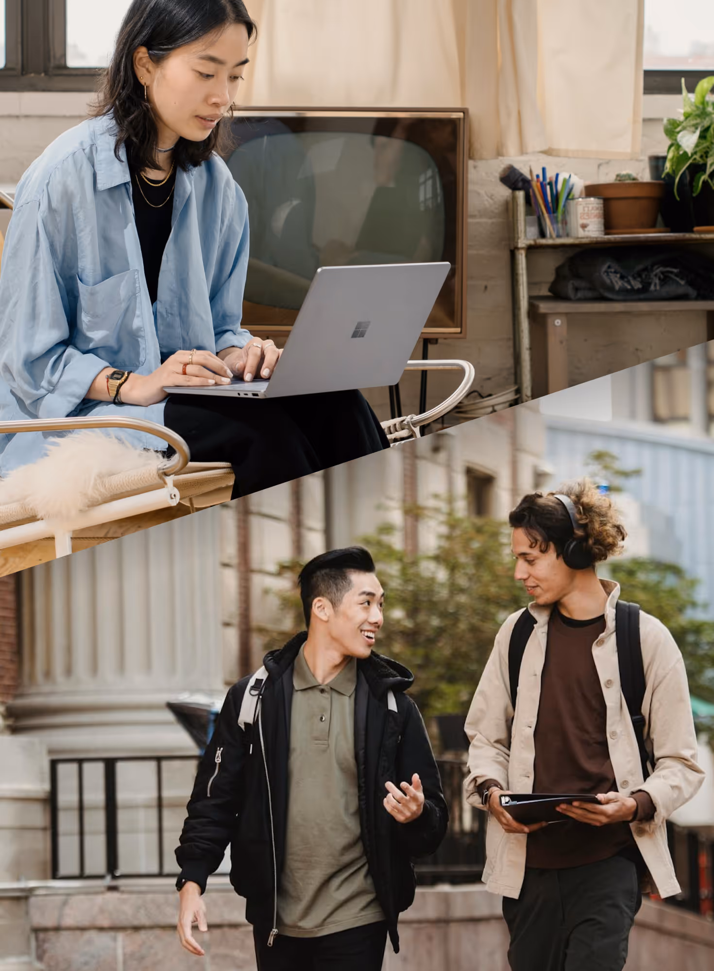 A vertical, split-panel image showing online study transitioning into campus life