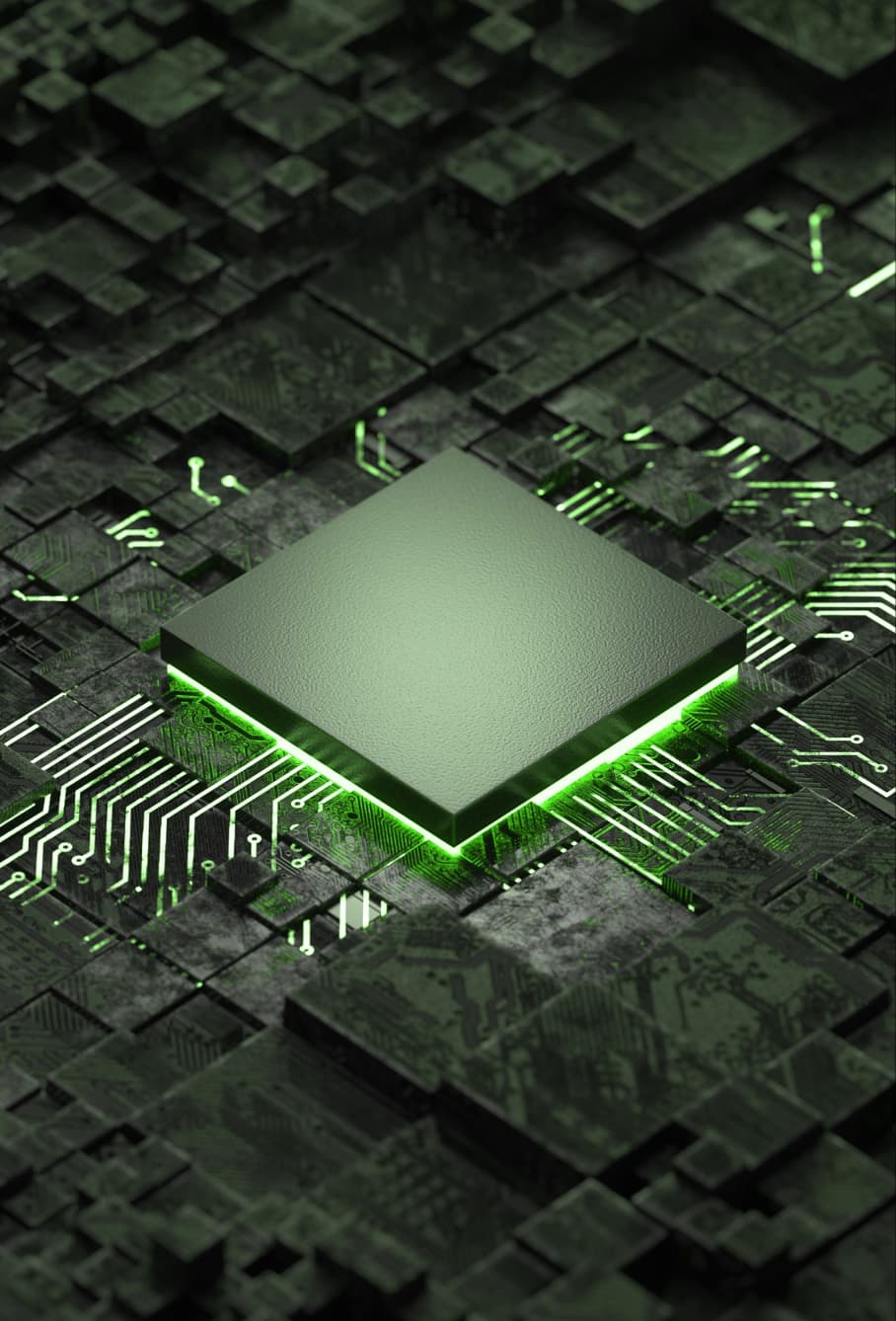 A digital rendering of a CPU or microchip glowing with neon green light
