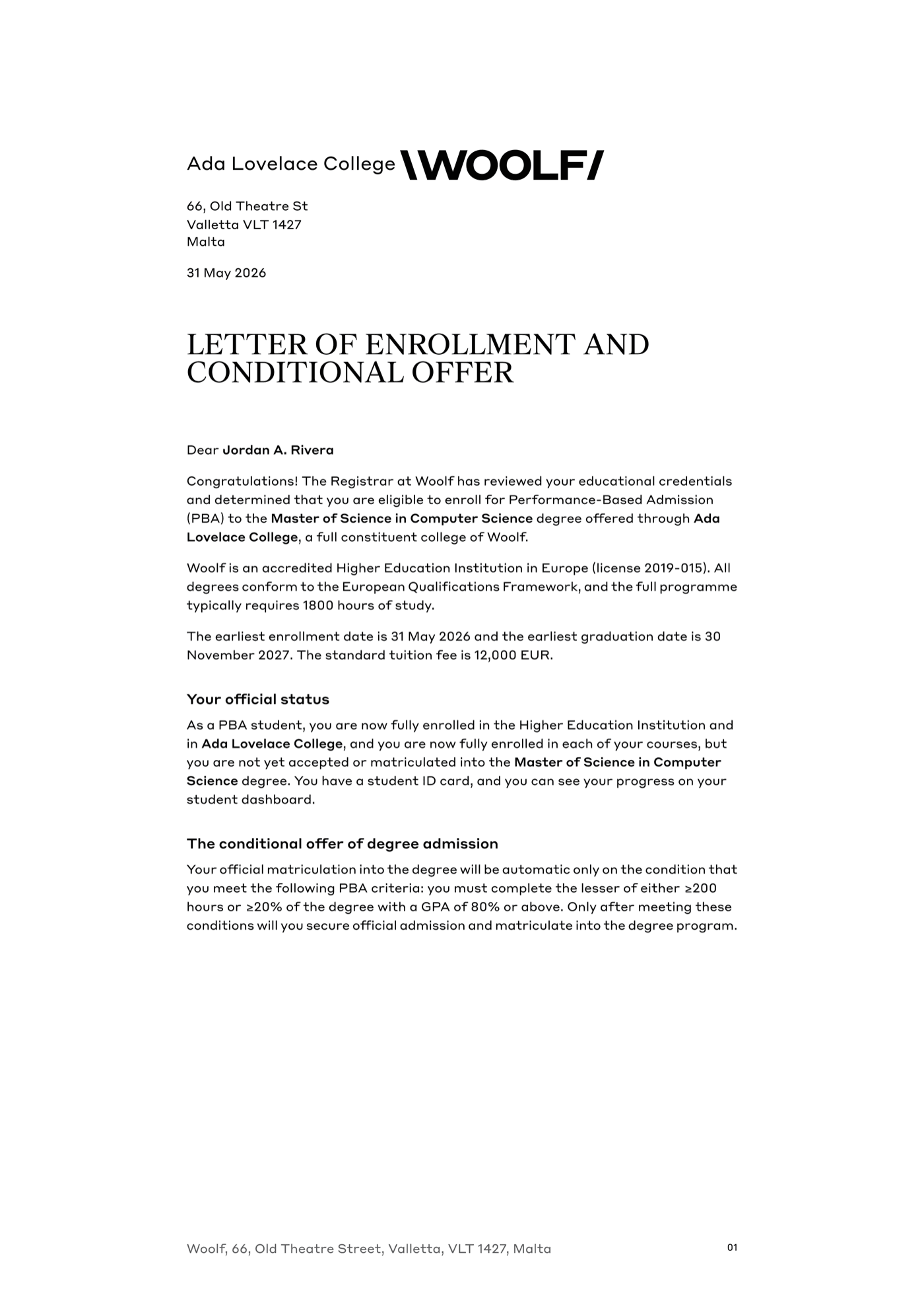 Page one of a sample Woolf PBA Letter of Enrollment and Conditional Offer